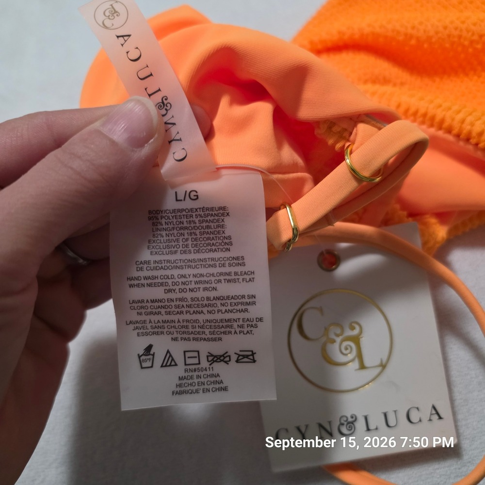 Cyn & Luca Womens Neon Orange Smocked Crinkle Bikini Top Square Neck Large NWT - Picture 3 of 4